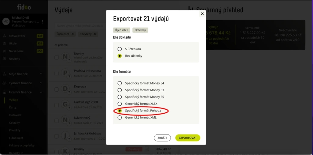Vyberte Specifický exportní formát Pohoda, zvolte si, zda chcete společně s datovým exportním souborem vyexportovat i naskenované obrázky účtenek a výběr potvrďte zeleným tlačítkem „Exportovat“.