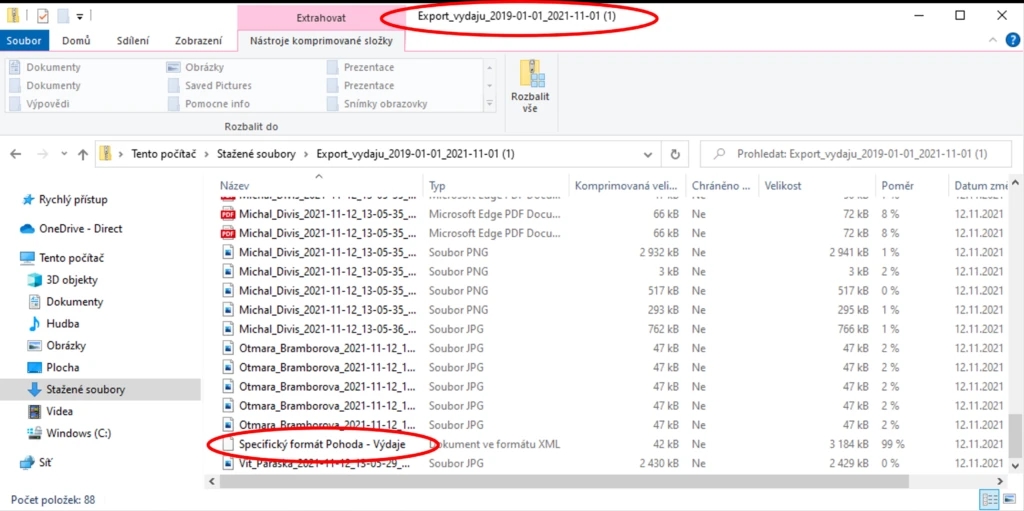 Stáhne se Vám zazipovaný balík obsahující exportní soubory výdajů ve všech dostupných / aktivních exportních formátech, které máte k dispozici včetně scanů účetních dokladů.