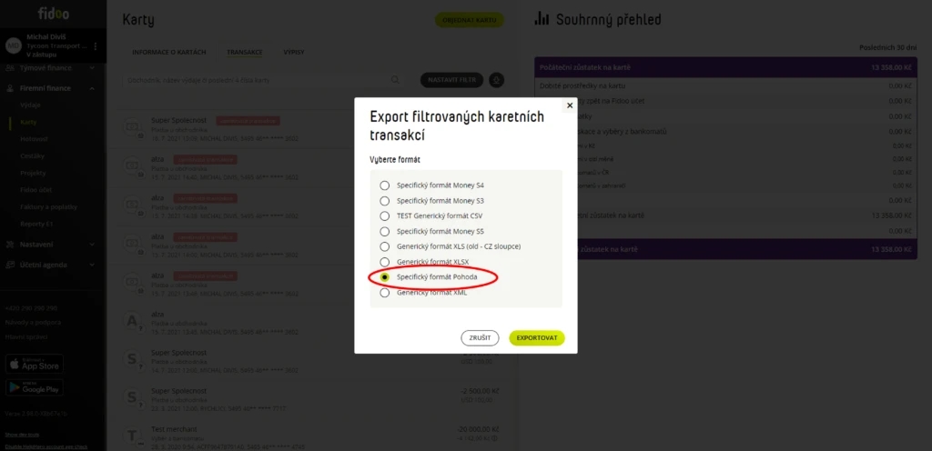 Vyberte Specifický exportní formát Pohoda a výběr potvrďte zeleným tlačítkem Exportovat.