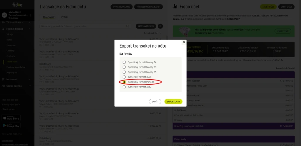 Vyberte Specifický exportní formát Money S3 a výběr potvrďte zeleným tlačítkem Exportovat.
