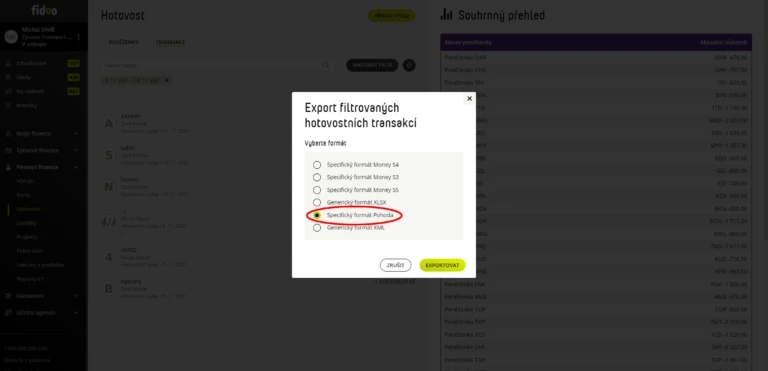 Vyberte Specifický exportní formát Money S3 a výběr potvrďte zeleným tlačítkem Exportovat.