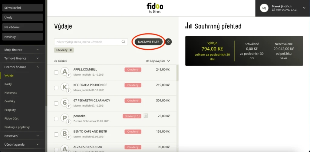 Vyfiltrujte si období nebo jiné omezující podmínky pro váš export