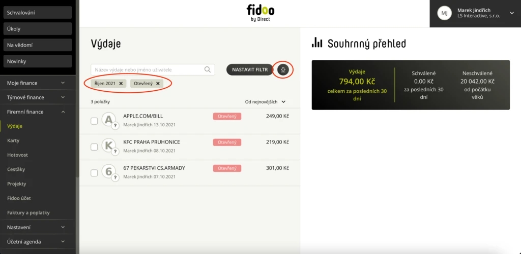 Nad vyfiltrovaným seznamem transakcí na kartách zvolte volbu Export