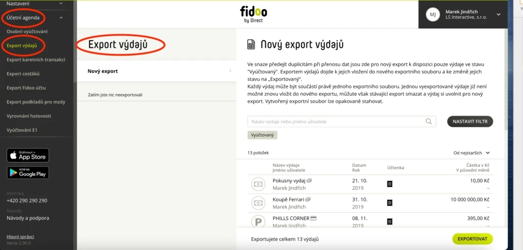 Export z Fidoo z Účetní agendy