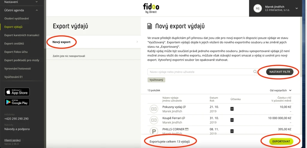 Zvolte Nový export. Pomocí filtru si můžete omezit seznam výdajů, které budete exportovat.