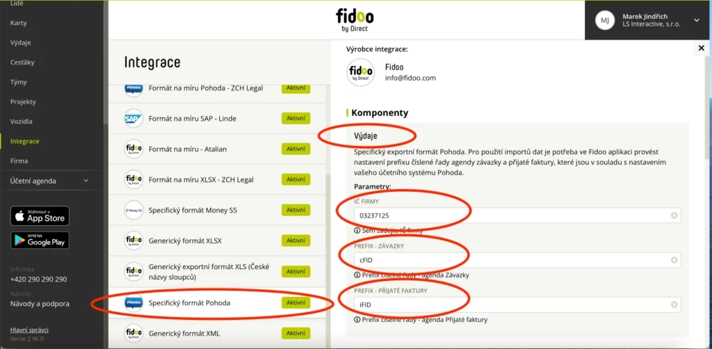V detailu nastavení exportního formátu pro Pohodu si v komponentě „Výdaje“ nastavte: