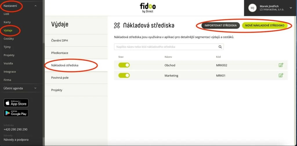 (Volitelně) Vytvořte si nákladová střediska shodně s tím, jaký máte nastavený seznam nákladových středisek v Pohodě.