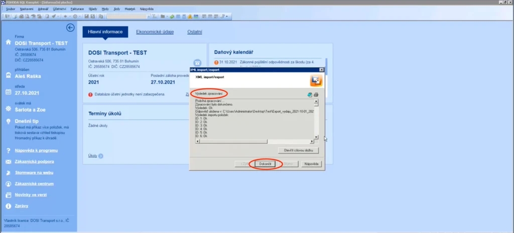 Po dokončení importu se zobrazí výsledná zpráva o tom, jak import dopadl. Potvrďte tlačítkem „Dokončit“.