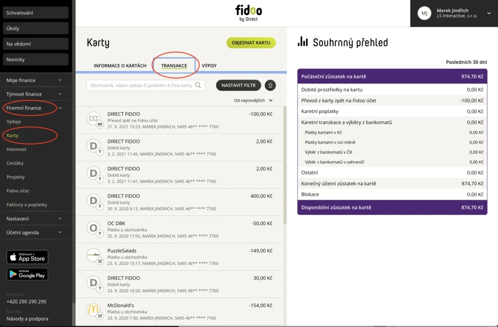 Export z Fidoo nad seznamem transakcí