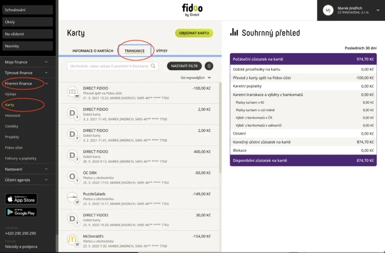Export z Fidoo nad seznamem karetních transakcí