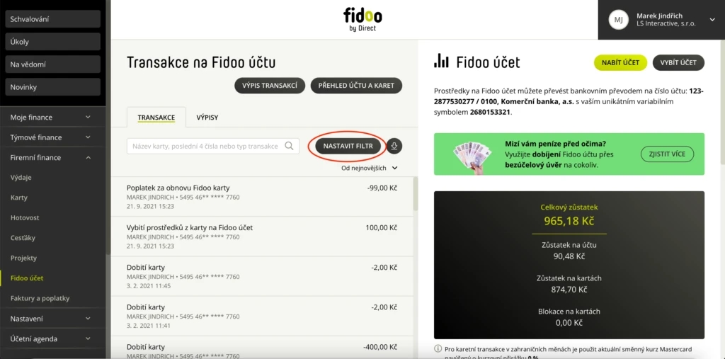 Vyfiltrujte si období nebo jiné omezující podmínky pro váš export.