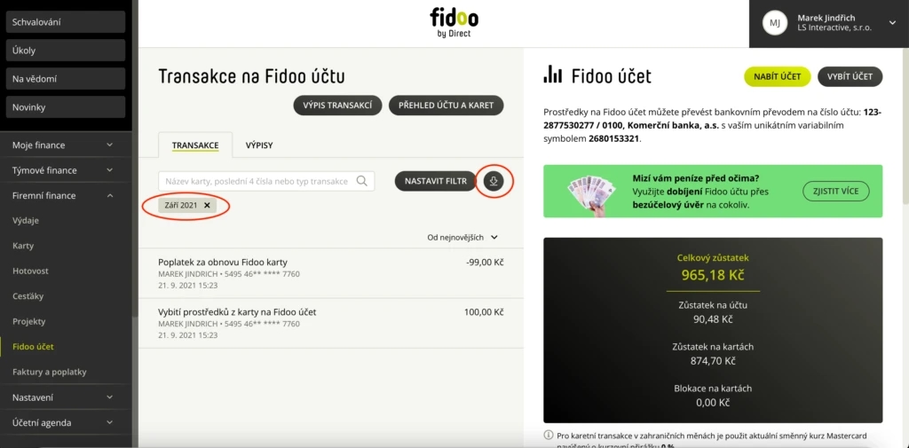 Nad vyfiltrovaným seznamem transakcí na Fidoo účtu zvolte volbu Export
