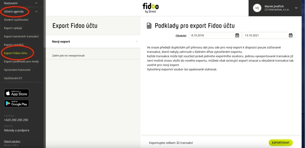 Export z Fidoo z Účetní agendy
