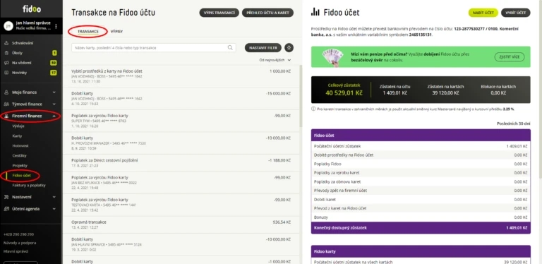 Export z Fidoo nad seznamem transakcí na Fidoo účtu