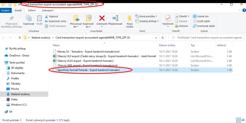 Stáhne se vám zazipovaný balík obsahující exportní soubory transakcí na kartách ve všech dostupných / aktivních exportních formátech, které máte k dispozici.