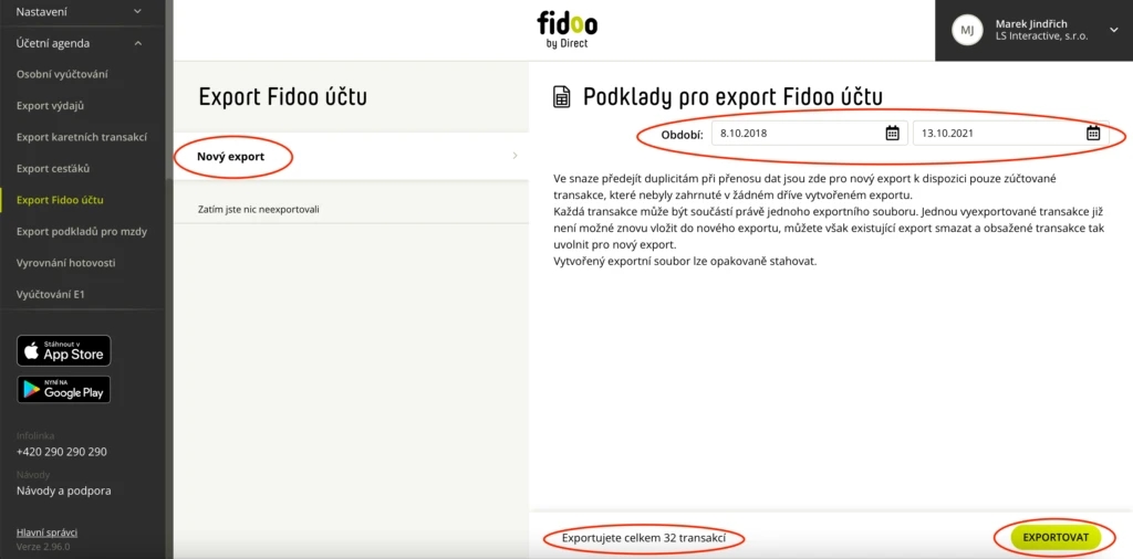 Zkontrolujte si období, za které budete provádět export.